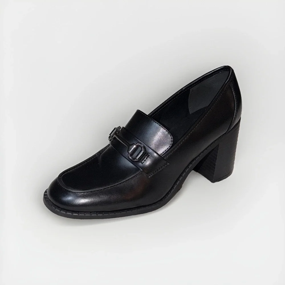 Marc Fisher Chunky Loafers Size 10M Black Faux Leather Block Heel 90s Inspired